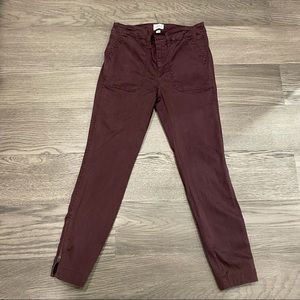 J Crew Skinny Stretch Cargo Pant with Zippers Burgundy/Eggplant Sz 28